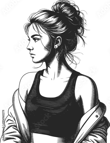 Black and white line sketch portrait of a beautiful sports woman with messy hairstyle. Character design. Transparent background EPS version.