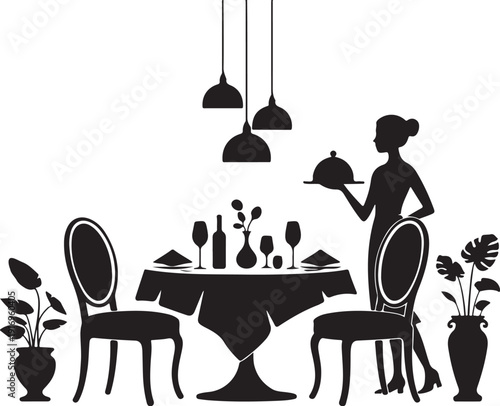 Silhouette of woman serving food at dining table with chairs and plants