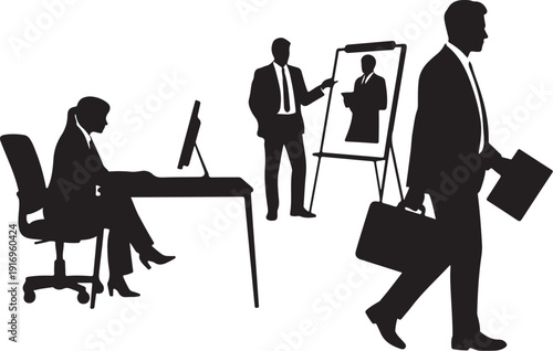 Silhouettes of business people in office setting computer
