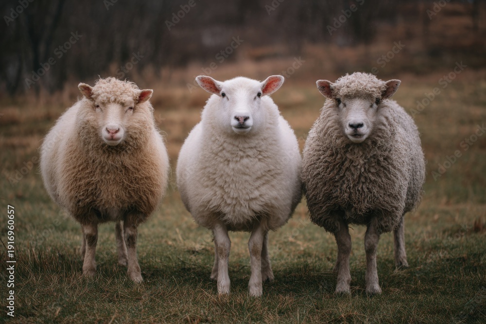 Fototapeta premium Three sheep grazing in a field on a cloudy day