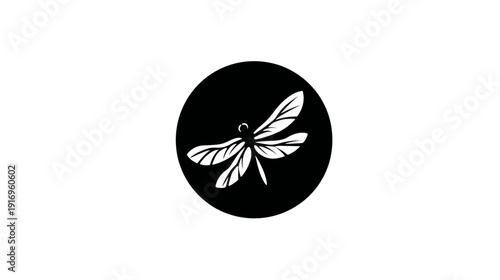 Stylized white insect silhouette within a black circle on a white background. Simple yet elegant design