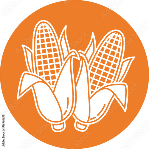 Pair of fresh corn cobs with husks partially removed outline drawing on a round orange background