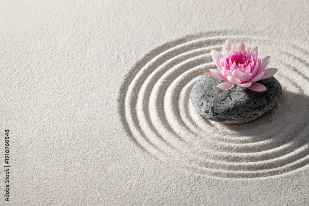 Obraz premium Pink lotus on stone with sand ripples in zen garden setting