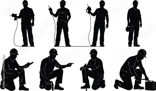 Construction worker silhouettes, industrial labor icons, hard hat figures, tool clipart, technical vector artwork, manual job design, occupational graphics, workplace illustration