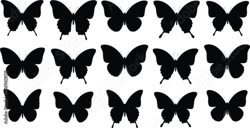 Butterfly silhouette grid, insect vector icons, black wing variations, entomology illustration, nature clipart, decorative artwork, animal design, educational graphics, pattern collection