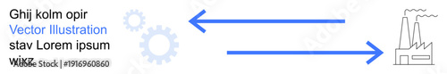 Manufacturing, industrial automation, workflow design, process management, energy production, factory operations. Arrows connecting gears and a factory. Industrial automation and workflow design