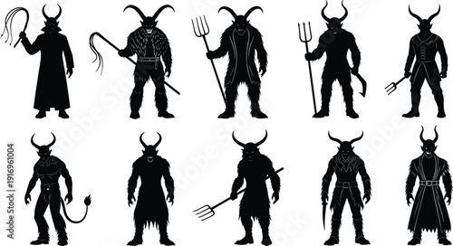 Krampus silhouette collection, horned humanoid icons, folklore artwork, mythical creature vector, demon clipart, fantasy design, cultural illustration, dark graphics, symbolic set