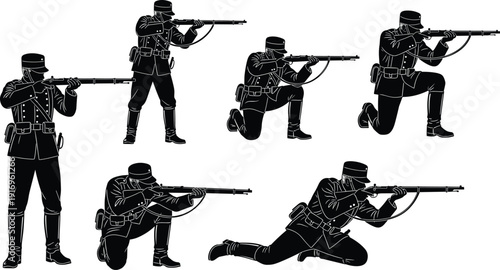 Soldier silhouette collection, military shooting stances, rifle vector icons, uniform artwork, combat clipart, tactical design, historical illustration, armed forces graphics