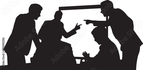 Silhouettes of people pointing at a seated person during a meeting