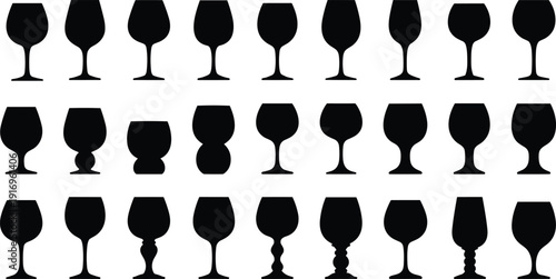 Wine glass silhouette collection, drinkware vector icons, black stemware artwork, bar clipart, beverage design, cocktail illustration, dining graphics, pattern set