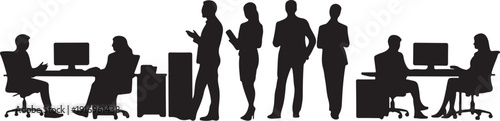 Silhouettes of people working and standing in an office setting
