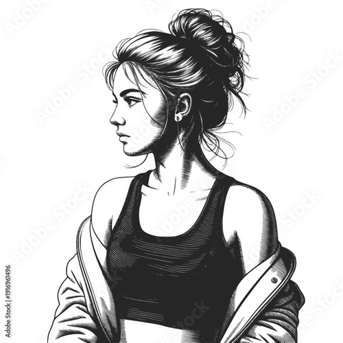 Black and white line sketch portrait of a beautiful sports woman with messy hairstyle. Character design. Transparent background SVG version.