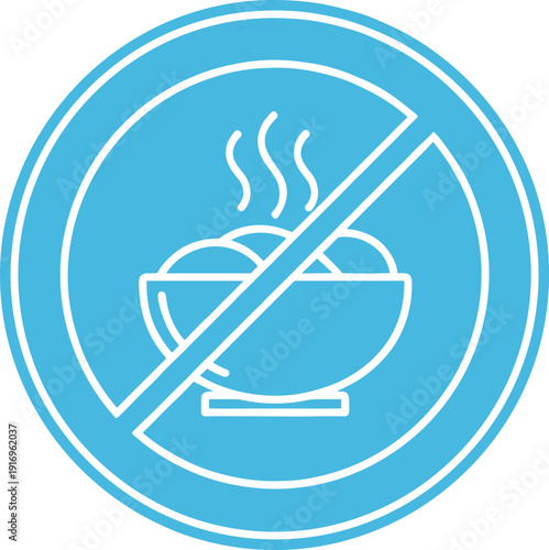 Prohibition sign over steaming bowl of food icon indicating restricted eating or fasting area in blue color scheme