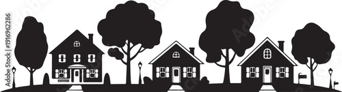 Three black silhouette houses with trees and street lamps