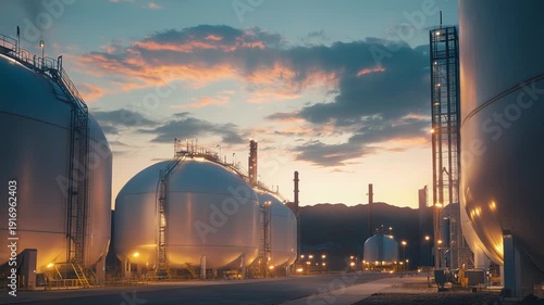 Industrial energy storage tanks brightly glowing under the dramatic sky at dusk, representing global fuel production, refinery operations, and infrastructure