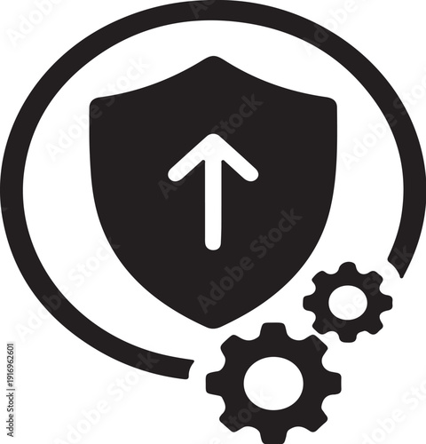 Cyber security system update icon with shield, arrow up and gears.