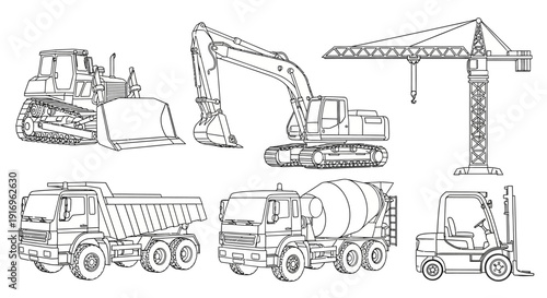 A detailed line drawing illustration of various construction vehicles including a bulldozer, excavator, crane, dump truck, cement mixer, and forklift.
