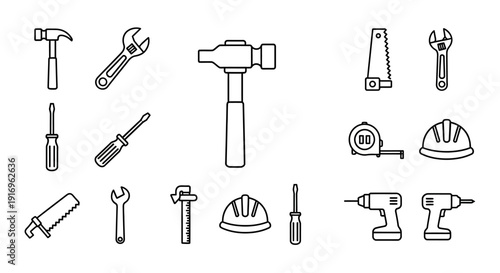 A collection of various construction and DIY tools in line art icon style on a white background.