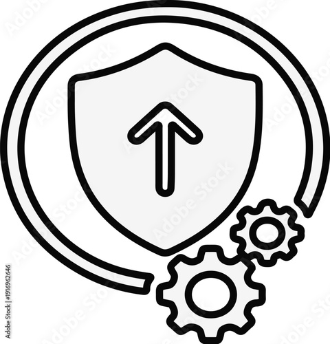 Cyber security system update icon with shield, arrow up and gears.