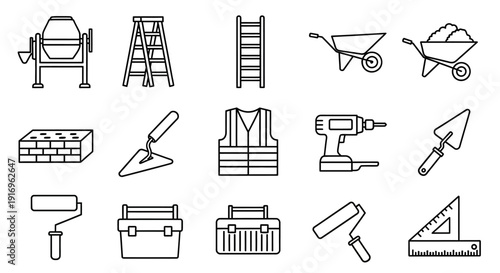 Line art icons of various construction tools and building equipment including mixers, ladders, wheelbarrows, bricks, trowels, drills, safety vests, and paint rollers.