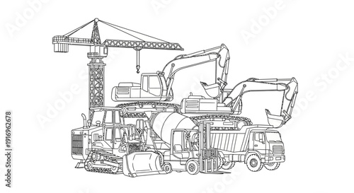 A detailed line drawing showcases a collection of heavy construction vehicles and equipment, including excavators, a crane, a cement mixer, a bulldozer, and a forklift.