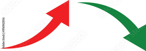 red green curved arrows graphic – upward downward trend symbol flat vector finance analytics chart icon isolated on white background.