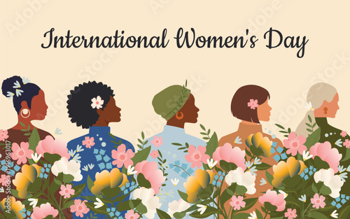 International Women's Day. Women of different nationalities celebrate their day with bouquets of spring flowers. Vector