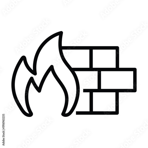 Outline firewall icon with flame and brick wall on transparent background, cyber security concept