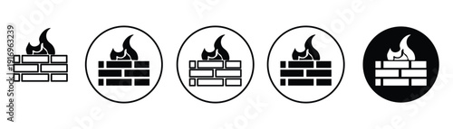 Network firewall security icon set with brick wall and flame