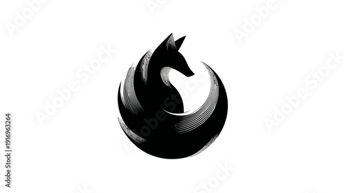 A brushstroke depiction of a fox in a curled form, set against a pristine white background