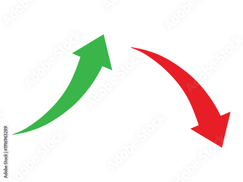 Green rising arrow and red falling arrow indicating growth and decline movement business concept
