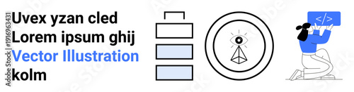 Technology, coding, data analysis, creativity, software development, digital concepts. Woman with coding icon, segmented bars eye inside a triangle. Technology and coding concepts