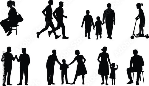 Family and People Silhouette Collection with Parents, Children, Walking, Sitting, Running, and Daily Life Activities Isolated on White Background for Design