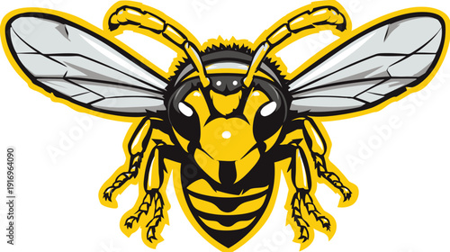 A frontal illustration of a yellow wasp with black stripes and gray wings. It's stylized