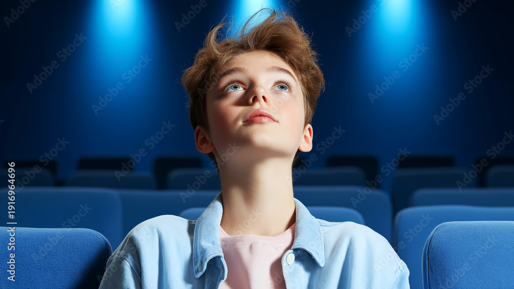 Obraz premium Young boy sitting in a movie theater looking up at the screen