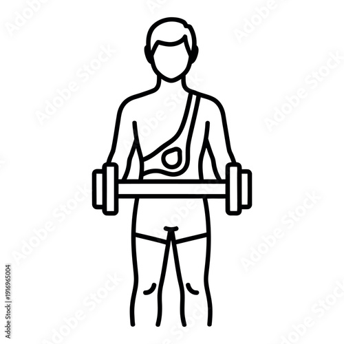 Minimalist line art icon of a person performing a weightlifting exercise with a barbell.
