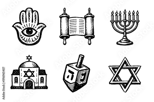 Jewish symbols sketch icon collection in black. Set of six judaism icons in doodle style