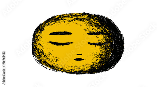 Simplified face illustration with closed eyes, yellow core, black outline, minimalist style, and white background