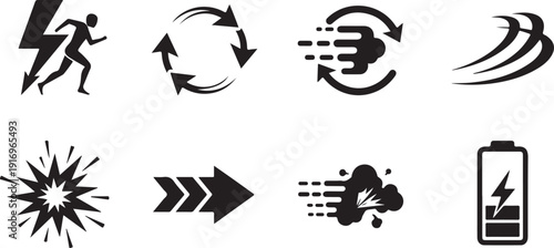 Set of nine black and white icons representing various actions and elements