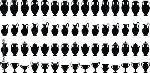 Black ancient greek amphora and roman pottery silhouette set featuring various decorative vase jug and pitcher designs for history and,