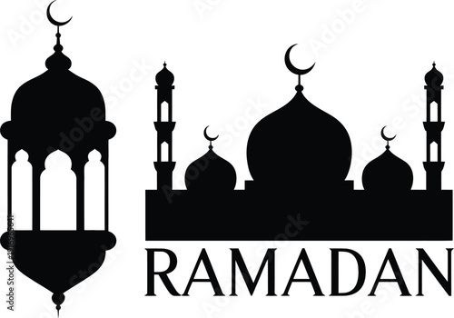 Ramadan lantern and mosque silhouette with text Islamic