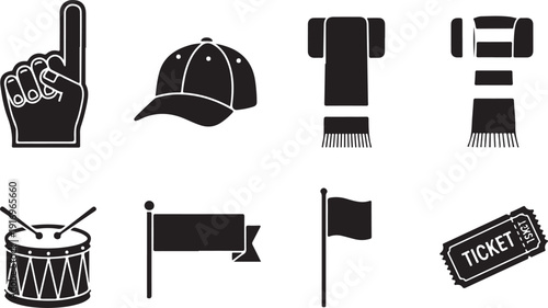 A collection of various sports and cheerleading items in black and white