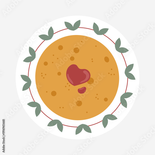 Maslenitsa breakfast. A plate of pancakes and strawberry jam. Vector illustration appetizing breakfast.