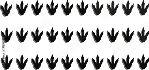 Black dinosaur footprint pattern featuring many prehistoric bird tracks in a repetitive grid for paleontology nature ancient history and textile,