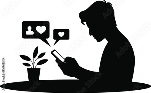 Silhouette of a man using a smartphone with social media notifications