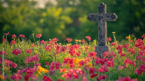 Stone cross in vibrant flower field at sunset, serene memorial
