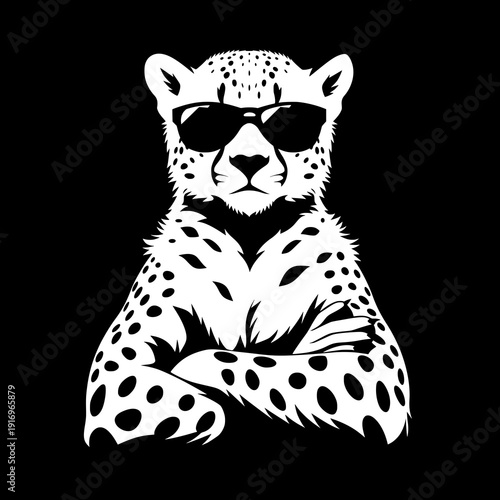 white cheetah animal portrait illustration with sunglasses, cool wild predator cat character isolated on dark background in modern minimal design.