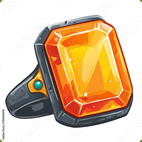 Vector illustration of an art deco ring with large orange gemstone in bold metal setting, luxury jewelry, isolated on white background