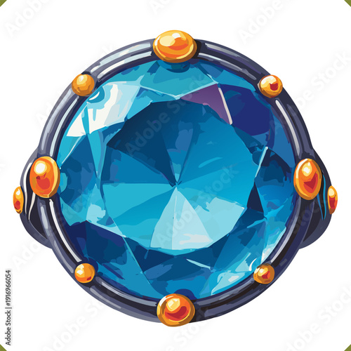 Vector illustration of a round blue gemstone ring with faceted crystal and decorative metal setting, top view, isolated on white background
