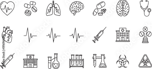 Biomedical and laboratory icons set with human anatomy illustrations pharmaceutical pills and lab gear